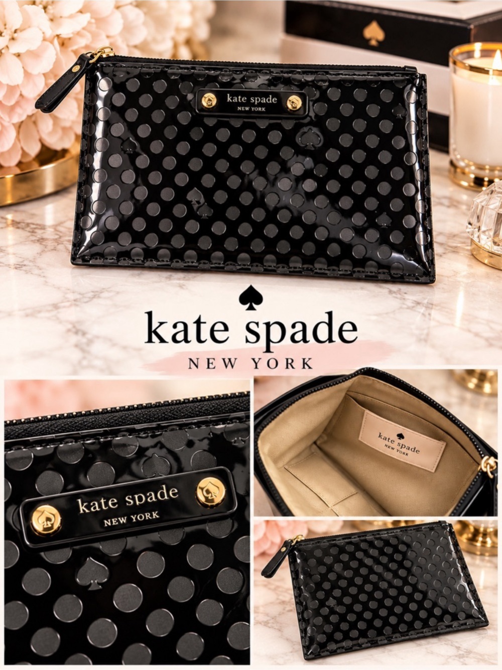 Kate Spade New York Black Patent Spade Dot Zip Pouch
